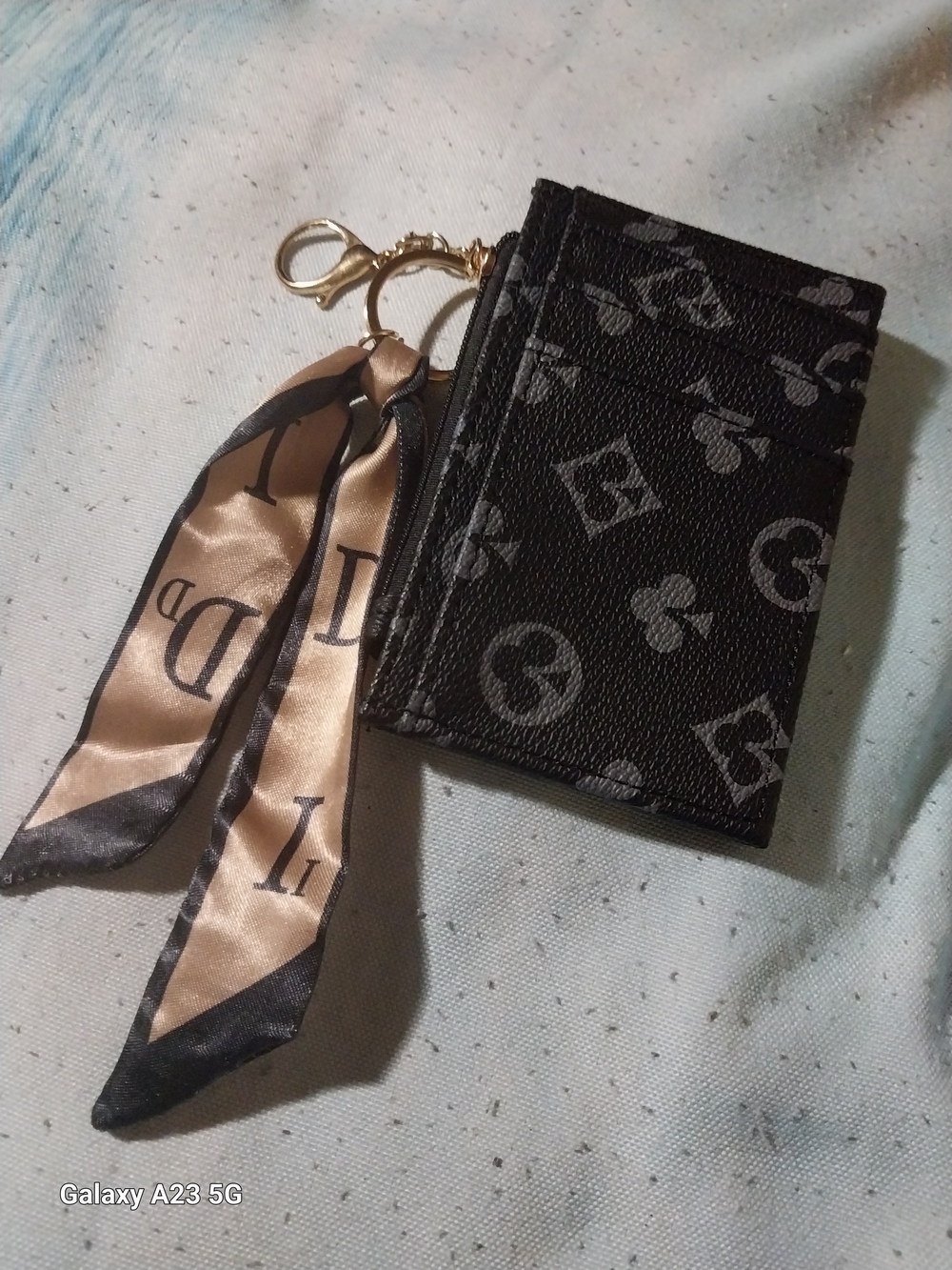 Unbranded Black/Gray Monogram Card Holder/ Bag Charm/Keychain W/ Satin Scarf